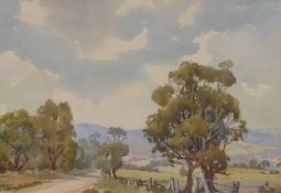 J W Roach watercolour landscape in the Australian Outback entitled on the reverse "The Country Road