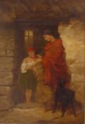 Elizabeth T King, mother feeding a child at the cottage door, oil on canvas, signed,