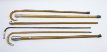 Six 19th century and later walking sticks comprising a malacca walking cane with embossed white