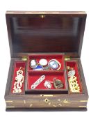 Eastern hardwood jewellery box with some jewellery including a lapis lazuli oval brooch,