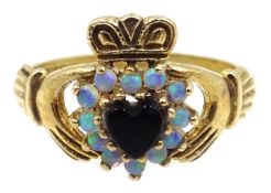 Black onyx and opal Claddagh gold ring,