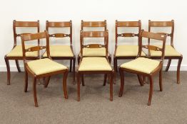 Set eight Regency style mahogany dining chairs, inlaid with brass,