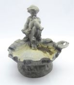 20th century lead bird bath, cherub sat on sea shell with small bird figure,