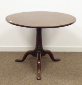 George III mahogany tripod table, circular tilt top, gun barrel column, three splayed supports,