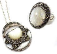 Silver mother of pearl and marcasite articulated handbag pendant and matching ring,