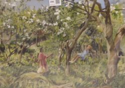 Style of Carel Weight, watercolour of a girl on a swing, unsigned,