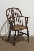 Early 19th century ash and elm low back Windsor armchair, stick and pierced splat back,