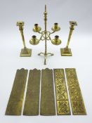 19th century adjustable brass four branch table candelabra with knop finial,