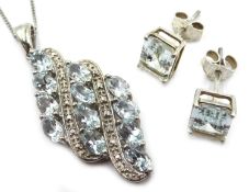 Silver aquamarine and diamond pendant necklace and similar pair of ear-rings,