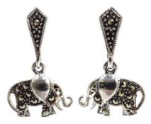 Pair of silver marcasite elephant pendant ear-rings,