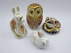 Four Royal Crown Derby paperweights comprising; Barn Owl with gold stopper,