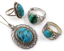 Silver malachite ring, two turquoise rings and pendant necklace,