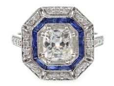 Art Deco style sapphire and diamond ring, stamped 18K, central old cut diamond approx 0.