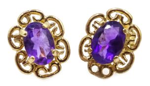 Pair of 9ct gold oval amethyst and filigree stud ear-rings,