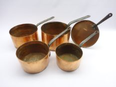 Set of five French graduating copper saucepans, all stamped 25 and some 'Legry',