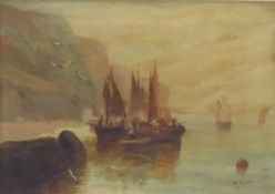 T Moore (late 19th Century); pair of oil paintings on canvas of coastal scenes with fishing boats,