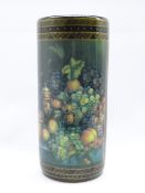 Early 20th century cylindrical stick stand decorated with two still life panels,