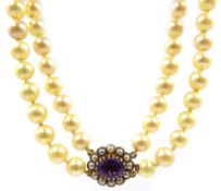 Double strand pearl necklace with amethyst and seed pearl gold clasp,