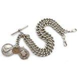 Edwardian silver tapering watch chain with medals and coins Condition Report & Further
