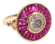 Art Deco style 18ct rose gold (tested) diamond and ruby target ring,