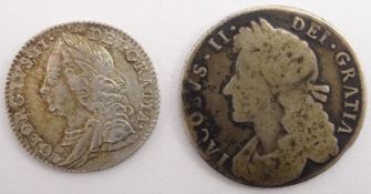 James II 1688 shilling and a George II 1758 sixpence (2)