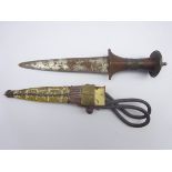 Arabian dagger with 17cm double edged steel blade, wire bound hardwood grip with disc pommel,