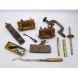 Collection of 19th century and later woodworking tools including brass bound moulding planes,