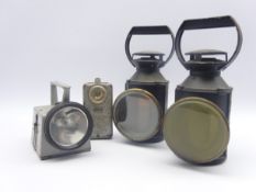 Two railway guards signal lamps, each of cylindrical form with swivelling filter facility,