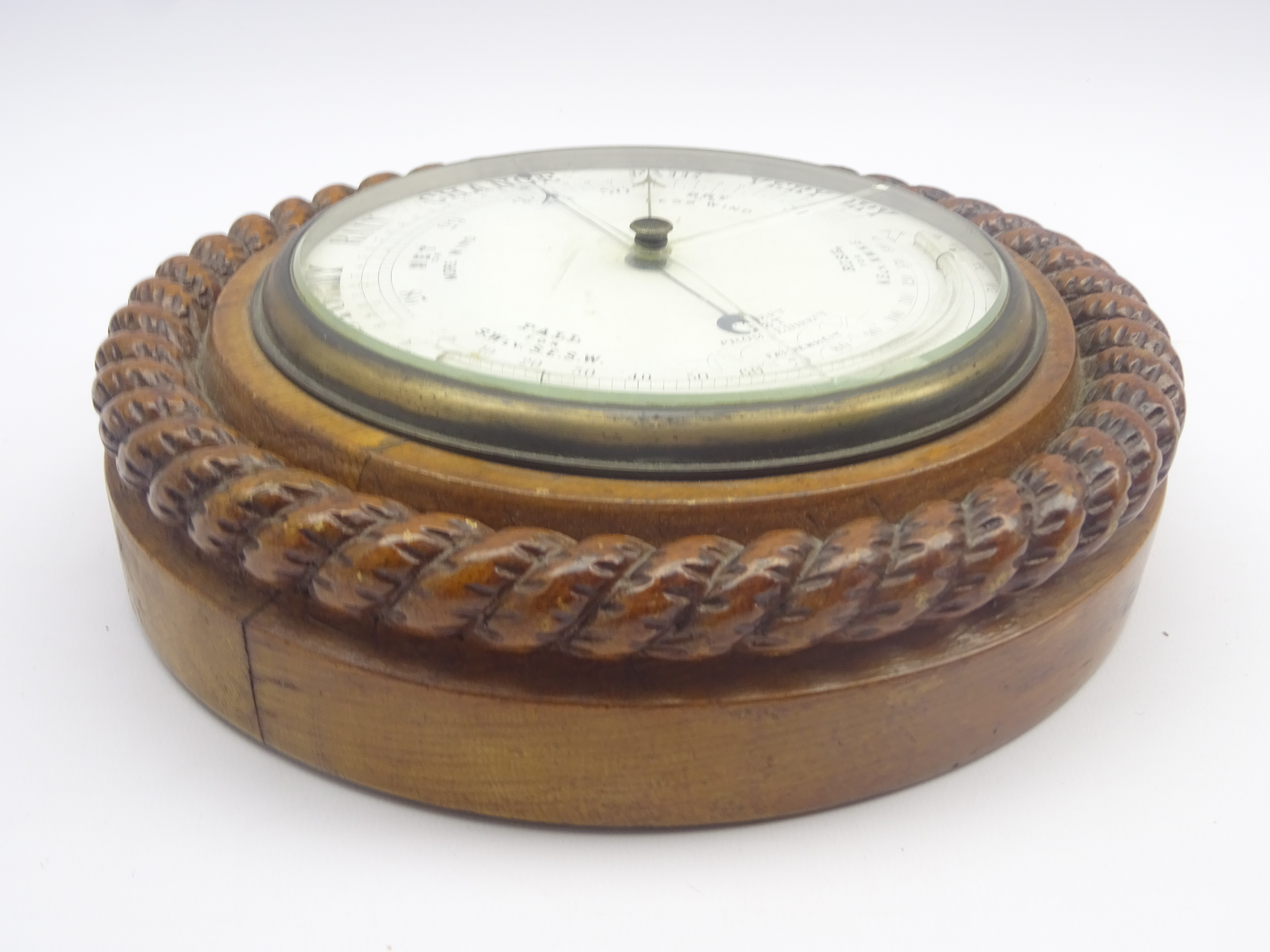 Late 19th century circular oak cased aneroid barometer in carved rope twist surround, - Image 2 of 3