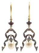 Pair of diamond and pearl pendant earrings Condition Report & Further Details