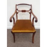 Regency mahogany elbow chair, ball and twist turned cresting rail, scrolled arms,