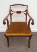 Regency mahogany elbow chair, ball and twist turned cresting rail, scrolled arms,