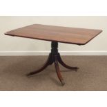 Regency mahogany breakfast table, rectangular figured mahogany and rosewood banded tilt top,