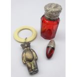 19th century faceted ruby glass scent bottle with embossed white metal lid and a similar