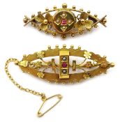 Victorian 9ct gold seed pearl and ruby brooch, Birmingham 1898 and another 9ct gold similar brooch,