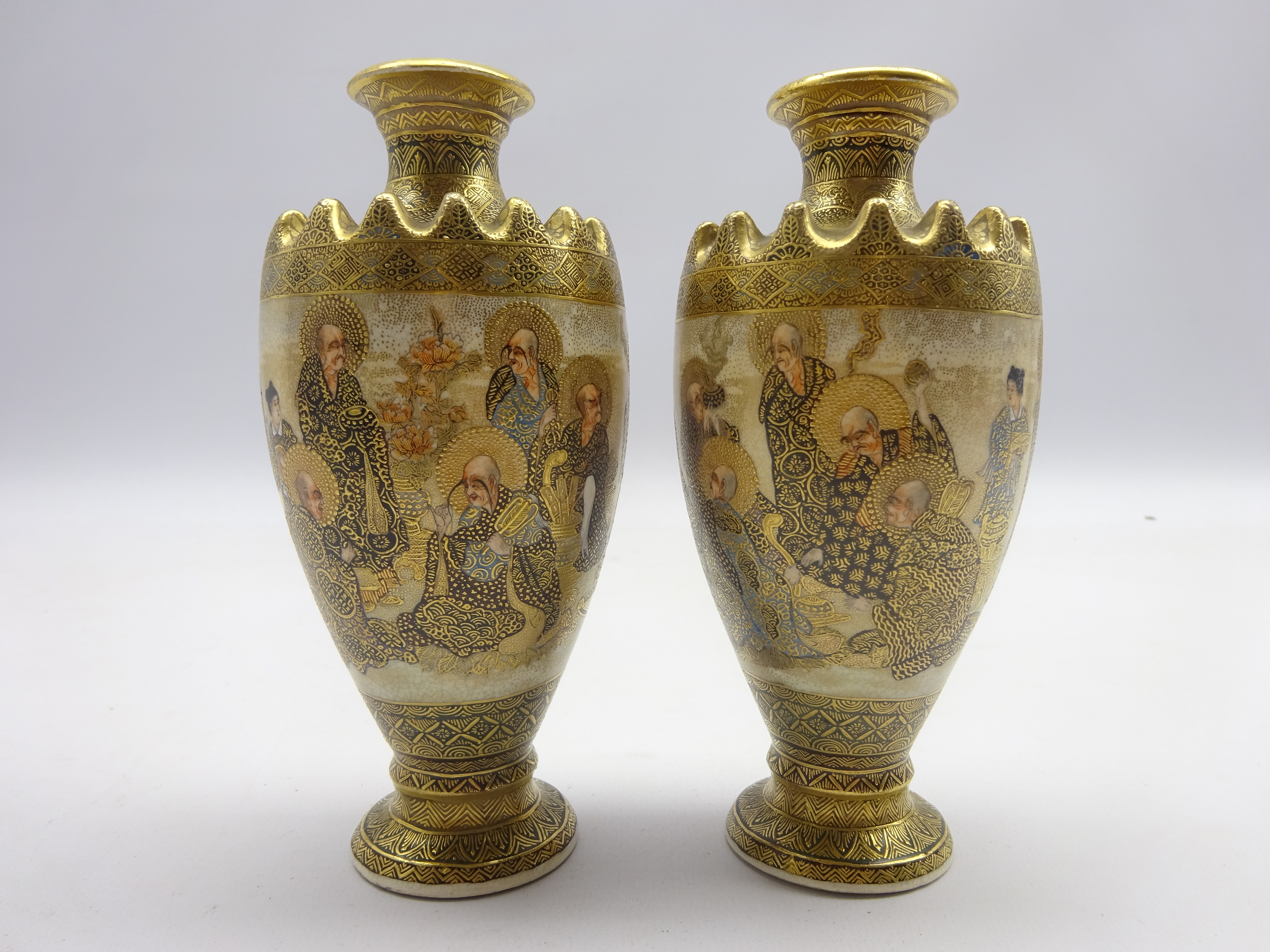 Pair Japanese Meiji period Satsuma vases of baluster form decorated with a gathering of Immortals - Image 2 of 5