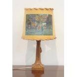 'Mouseman' adzed oak table lamp, with shade depicting hunt scene,