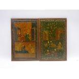 Pair 19th century Persian lacquer panels painted with figures amongst foliage, H29cm x W25.