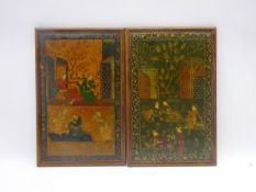 Pair 19th century Persian lacquer panels painted with figures amongst foliage, H29cm x W25.