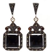 Silver black onyx and garnet pendant earrings,