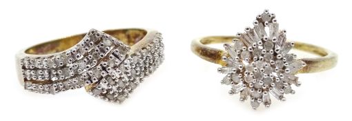 Diamond set silver-gilt cross over ring and one other diamond cluster ring,