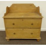 19th century pine three drawer washstand with raised shaped back, turned bun feet, W97cm, H101cm,