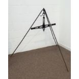 18th/19th century wrought metal agricultural beam scales, folding tripod stand,
