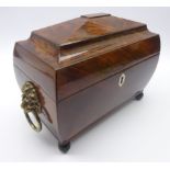 Regency figured mahogany sarcophagus top tea caddy,