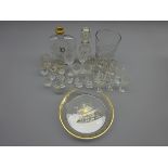 19th century gilt decorated glass decanter set & four glasses on circular tray,