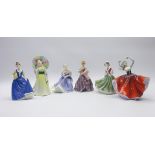 Five Royal Doulton figures; Jane, Karen, Christmas Day, Pretty Ladies - Helen & Happy Anniversary,