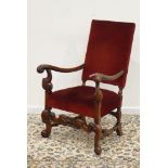 Queen Anne style walnut framed armchair, s-scroll supports connected by turned stretchers,