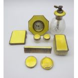 Matched silver and silver-plated yellow guilloche enamel dressing table set, the comb, compact,