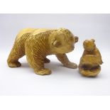 Carved hardwood snarling bear (L36cm) and a small seated bear (2) Condition Report &
