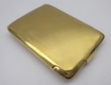 9ct gold engine turned matchbook case by Mappin & Webb in matched leather case, approx 27.